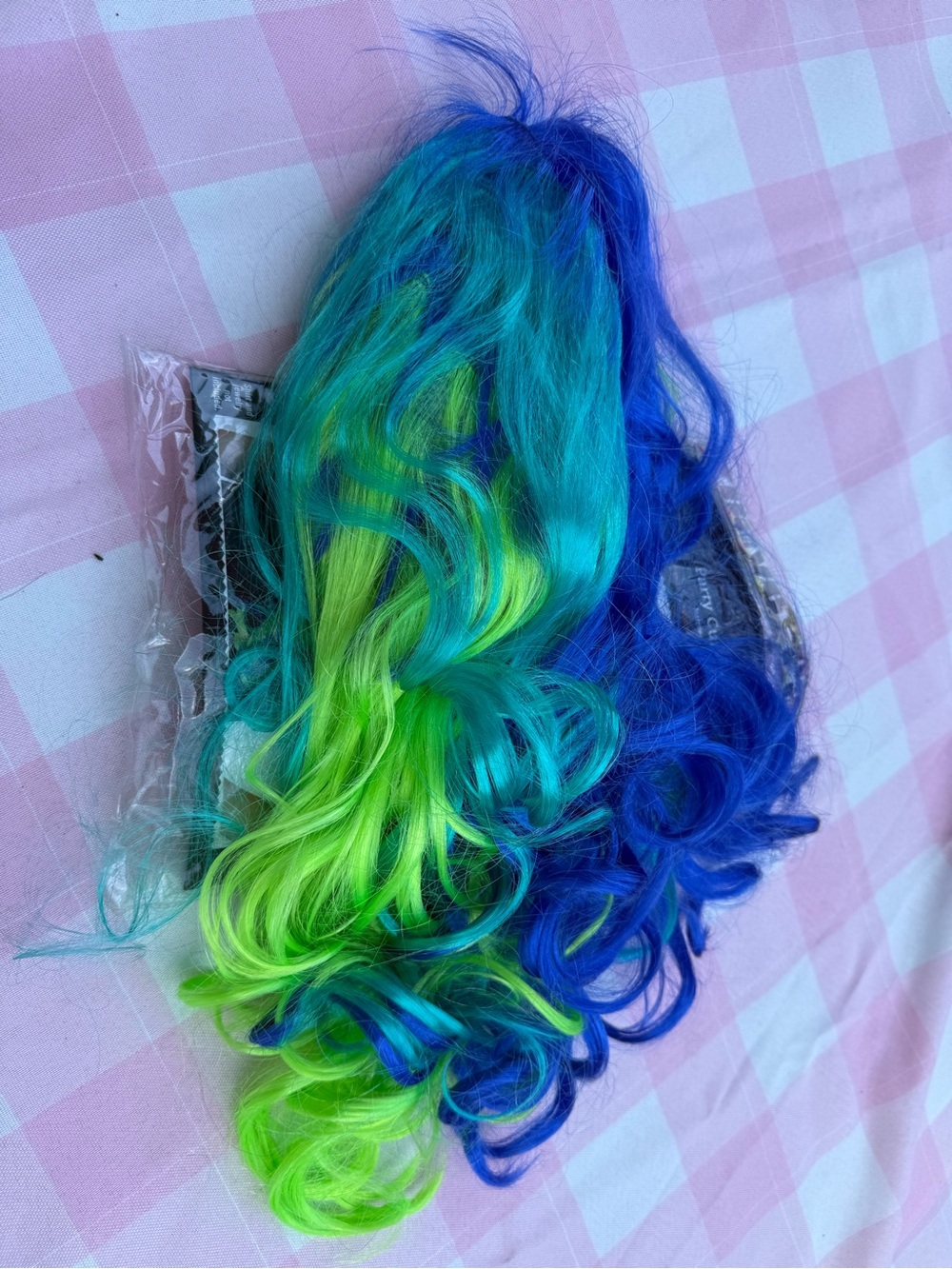 Vibrant Blue & Lime Green Curly mermaid hair wig (new in bag)